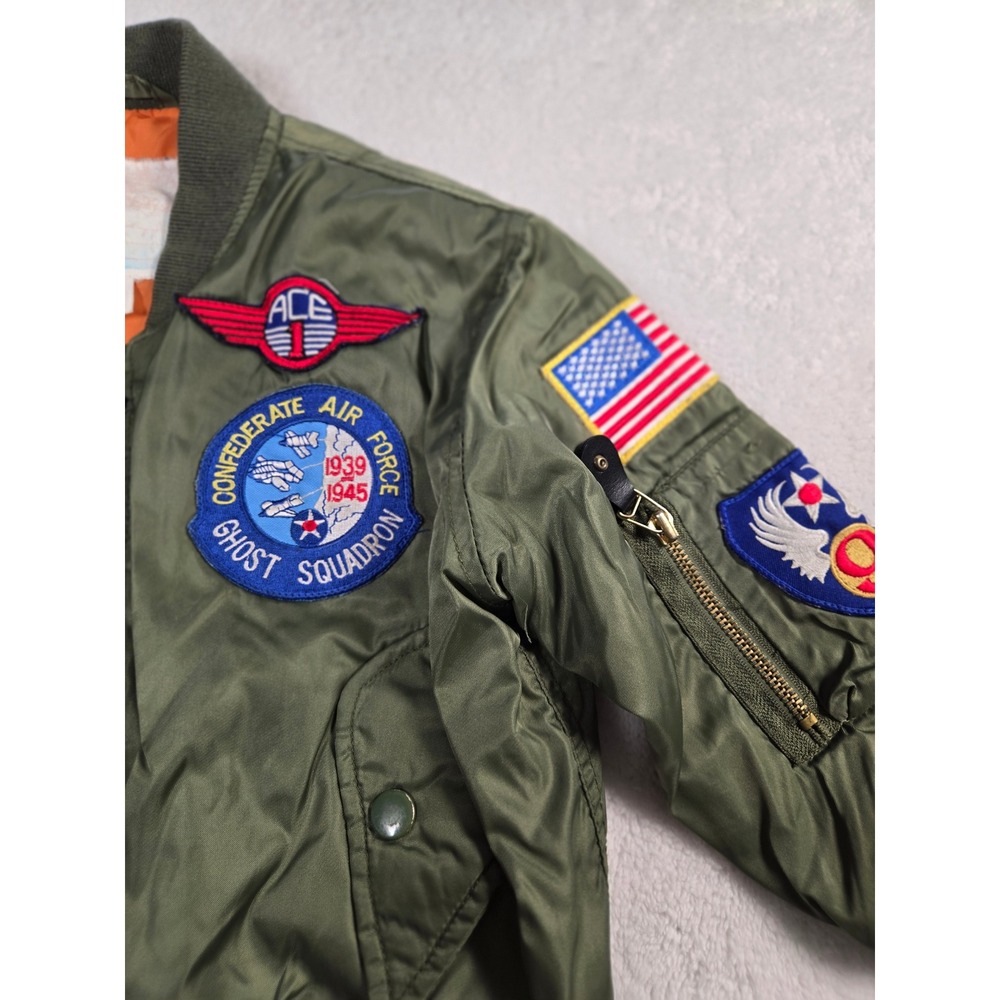 Kids 4T Flight Bomber Jacket Olive Green Military Patches Aviator Top Gun - Picture 3 of 10